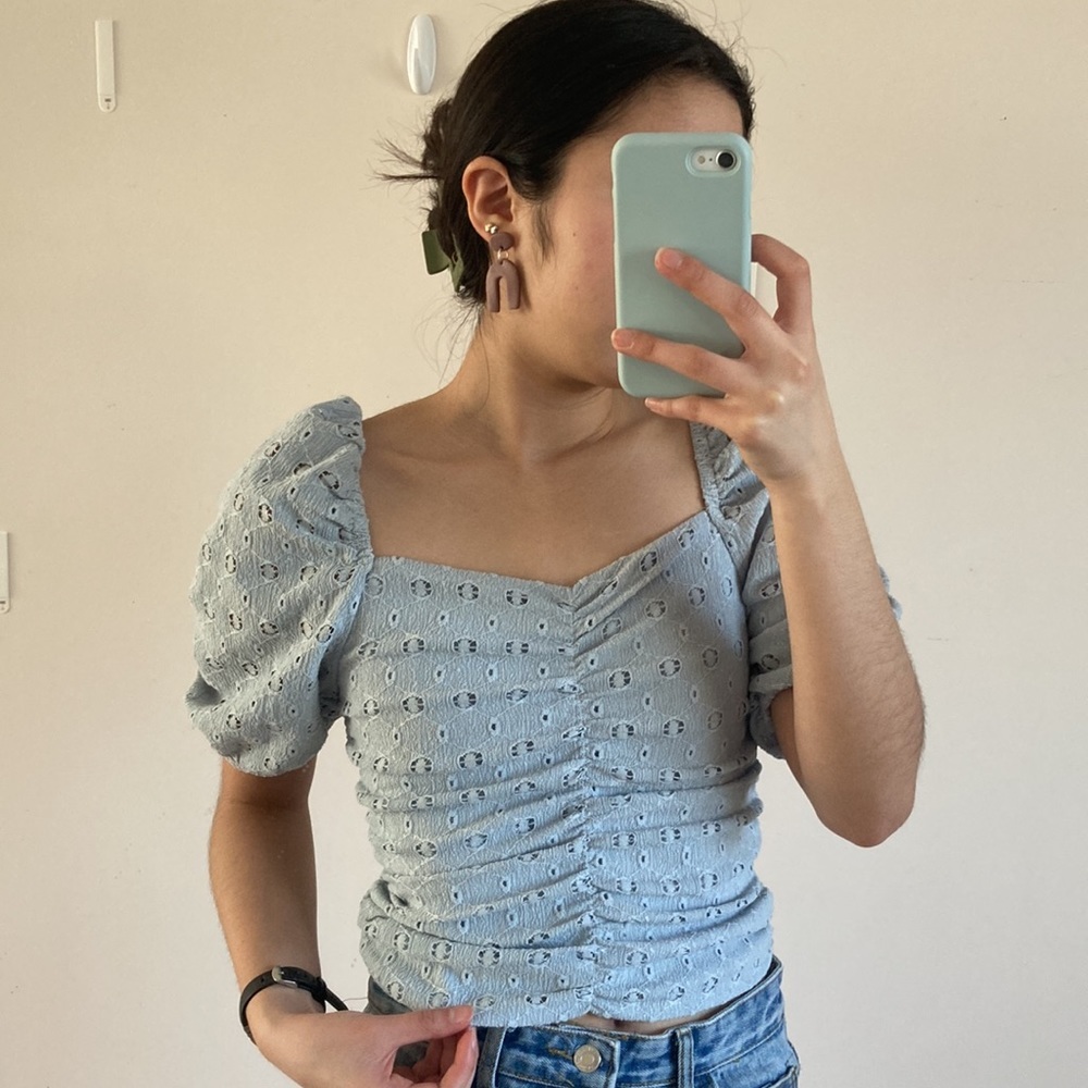 Milk & Honey Blue Crop Top Puff Sleeve Ruched Blouse